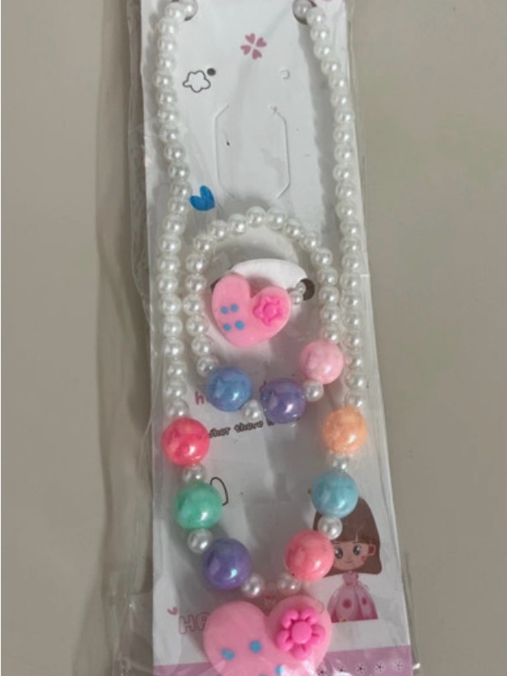 Kids Pink Heart Pearl Necklace and Bracelet Set
